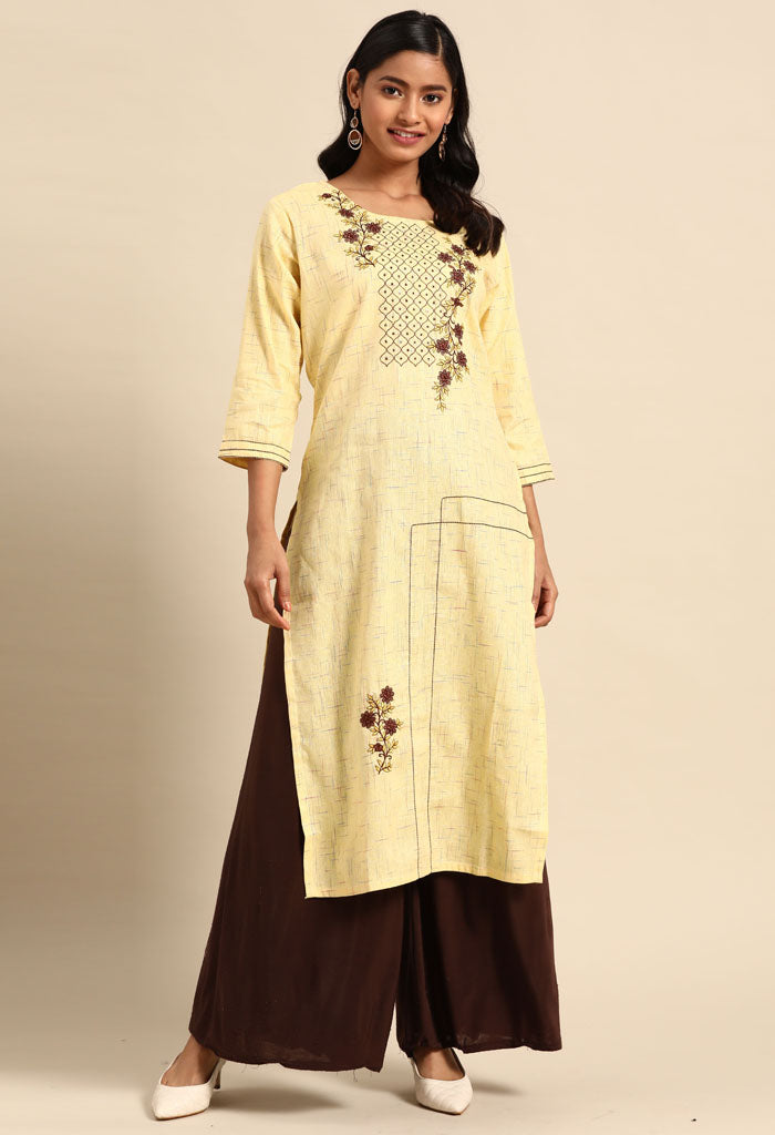 Yellow Pure Cambric Cotton Embroidered Kurti