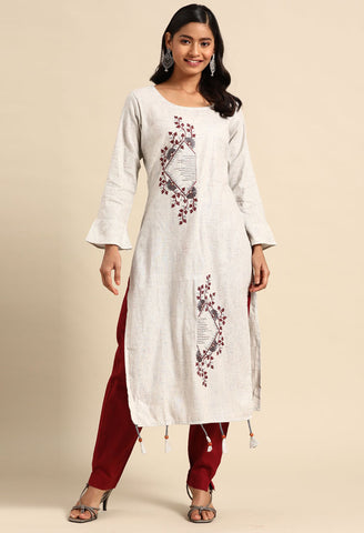 Light Grey Pure Cambric Cotton Embroidered Kurti