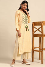 Load image into Gallery viewer, Mustard Pure Cambric Cotton Embroidered Kurti