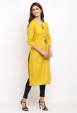 Yellow Slub Cotton Floral Embroidered Kurti