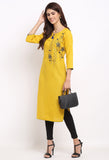 Yellow Slub Cotton Floral Embroidered Kurti