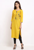 Yellow Slub Cotton Floral Embroidered Kurti