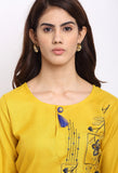 Yellow Slub Cotton Floral Embroidered Kurti