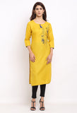 Yellow Slub Cotton Floral Embroidered Kurti