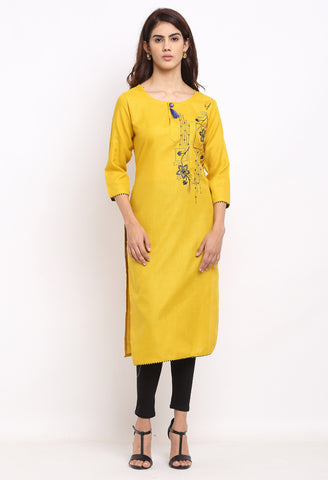 Yellow Slub Cotton Floral Embroidered Kurti