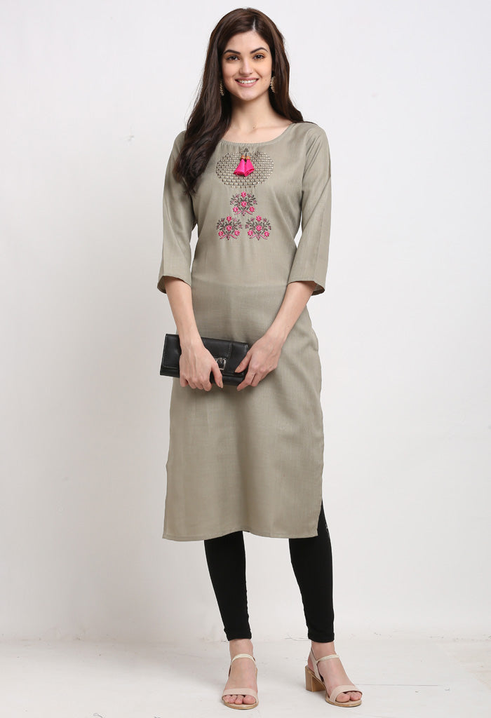 Grey Slub Cotton Floral Embroidered Kurti