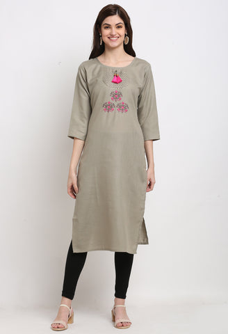 Grey Slub Cotton Floral Embroidered Kurti