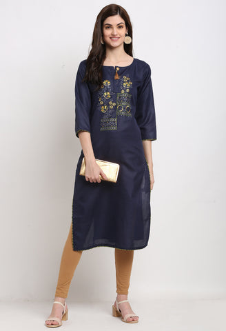 Navy Blue Slub Cotton Floral Embroidered Kurti