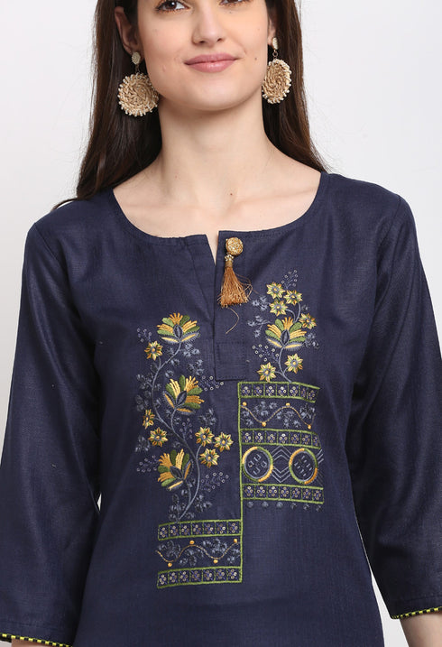 Navy Blue Slub Cotton Floral Embroidered Kurti