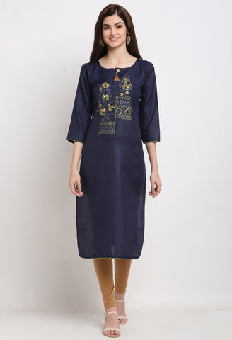 Navy Blue Slub Cotton Floral Embroidered Kurti