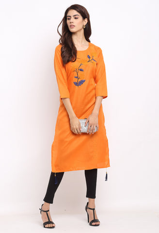 Orange Slub Cotton Floral Embroidered Kurti