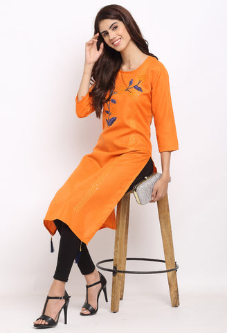 Orange Slub Cotton Floral Embroidered Kurti