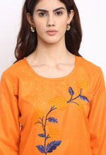 Load image into Gallery viewer, Orange Slub Cotton Floral Embroidered Kurti
