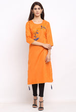 Load image into Gallery viewer, Orange Slub Cotton Floral Embroidered Kurti

