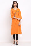 Orange Slub Cotton Floral Embroidered Kurti