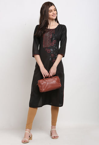 Black Slub Cotton Floral Embroidered Kurti