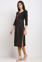 Load image into Gallery viewer, Black Slub Cotton Floral Embroidered Kurti