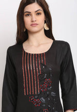 Load image into Gallery viewer, Black Slub Cotton Floral Embroidered Kurti