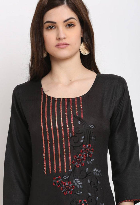 Black Slub Cotton Floral Embroidered Kurti