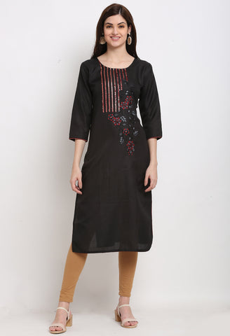 Black Slub Cotton Floral Embroidered Kurti