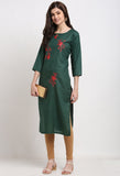 Bottle Green Slub Cotton Floral Embroidered Kurti