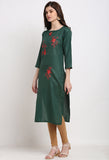 Bottle Green Slub Cotton Floral Embroidered Kurti