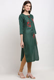 Bottle Green Slub Cotton Floral Embroidered Kurti