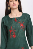 Bottle Green Slub Cotton Floral Embroidered Kurti