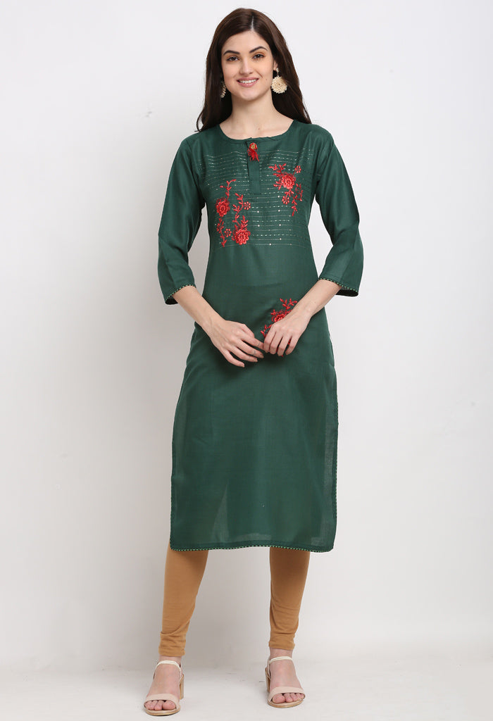 Bottle Green Slub Cotton Floral Embroidered Kurti