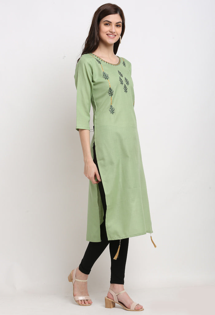 Green Slub Cotton Floral Embroidered Kurti