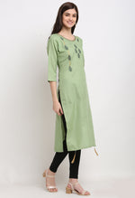Load image into Gallery viewer, Green Slub Cotton Floral Embroidered Kurti