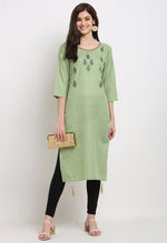 Load image into Gallery viewer, Green Slub Cotton Floral Embroidered Kurti
