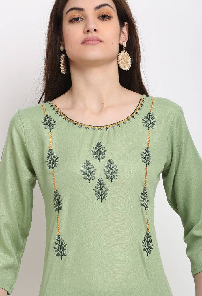 Green Slub Cotton Floral Embroidered Kurti