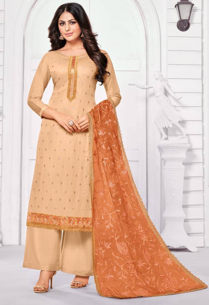 Beige Pure Jam Cotton Embroidered Salwar Suit Material