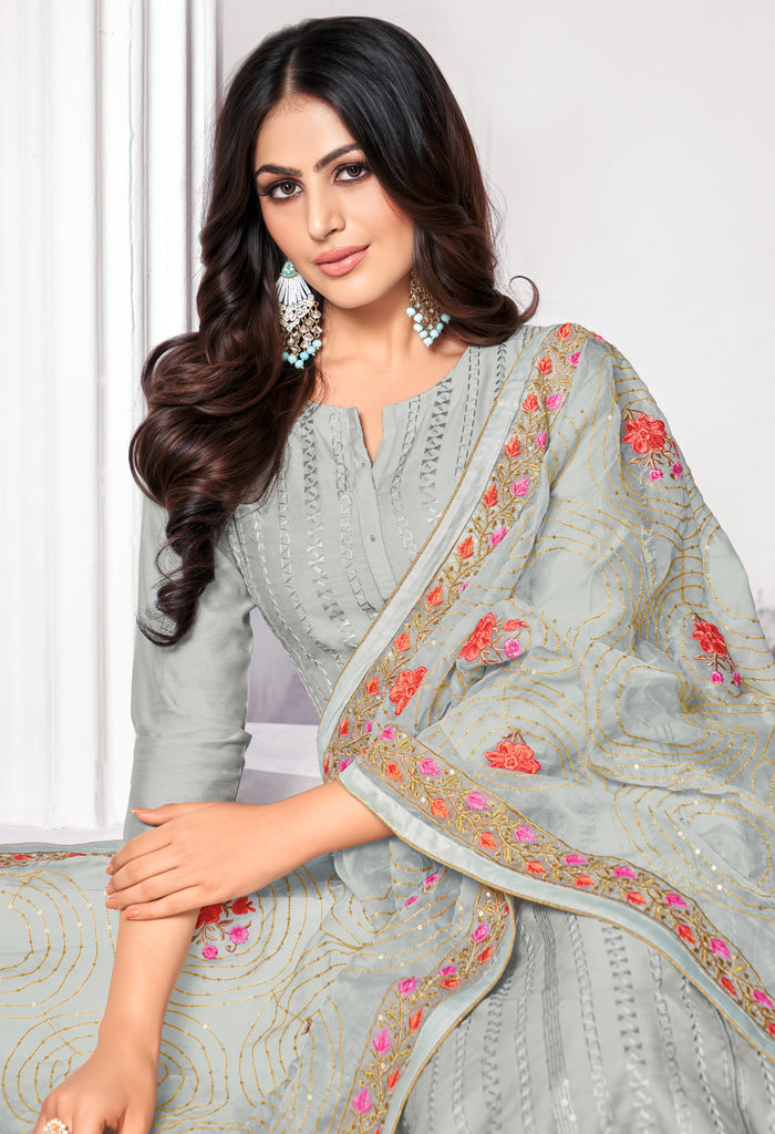 Light Grey Pure Jam Cotton Embroidered Salwar Suit Material