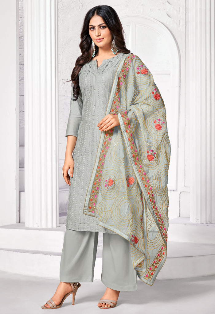 Light Grey Pure Jam Cotton Embroidered Salwar Suit Material