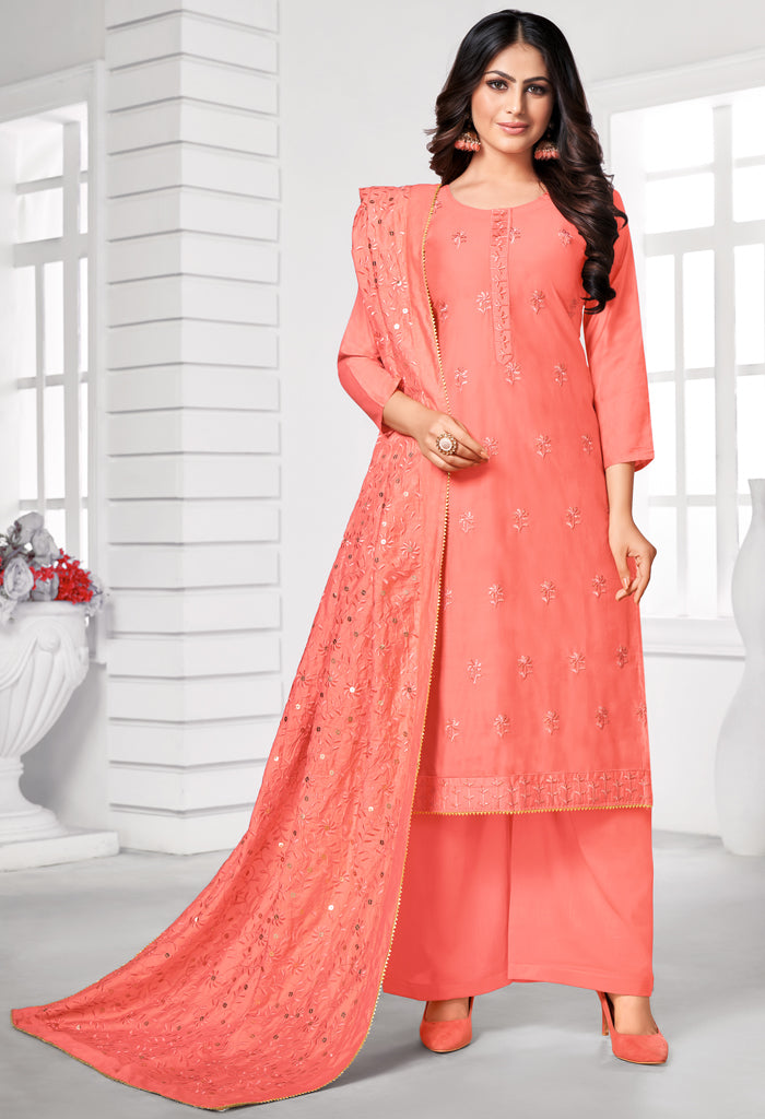 Peach Pure Jam Cotton Embroidered Salwar Suit Material