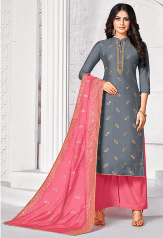 Grey Pure Jam Cotton Embroidered Salwar Suit Material