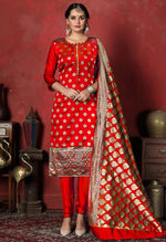 Load image into Gallery viewer, Red Heavy Silk Banarasi Weaving Work Unstitched Salwar Suit Material