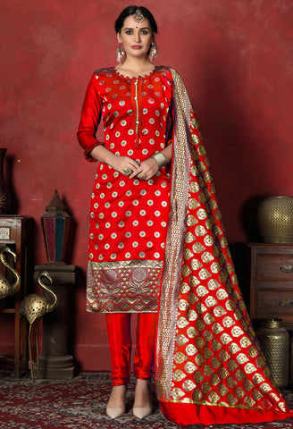 Red Heavy Silk Banarasi Weaving Work Unstitched Salwar Suit Material