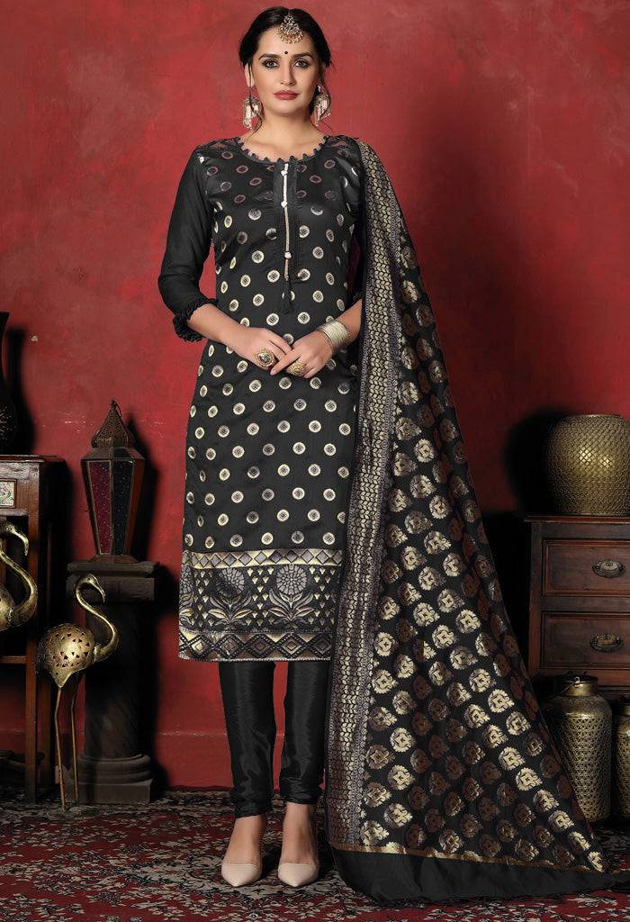 Black Heavy Silk Banarasi Weaving Work Unstitched Salwar Suit Material