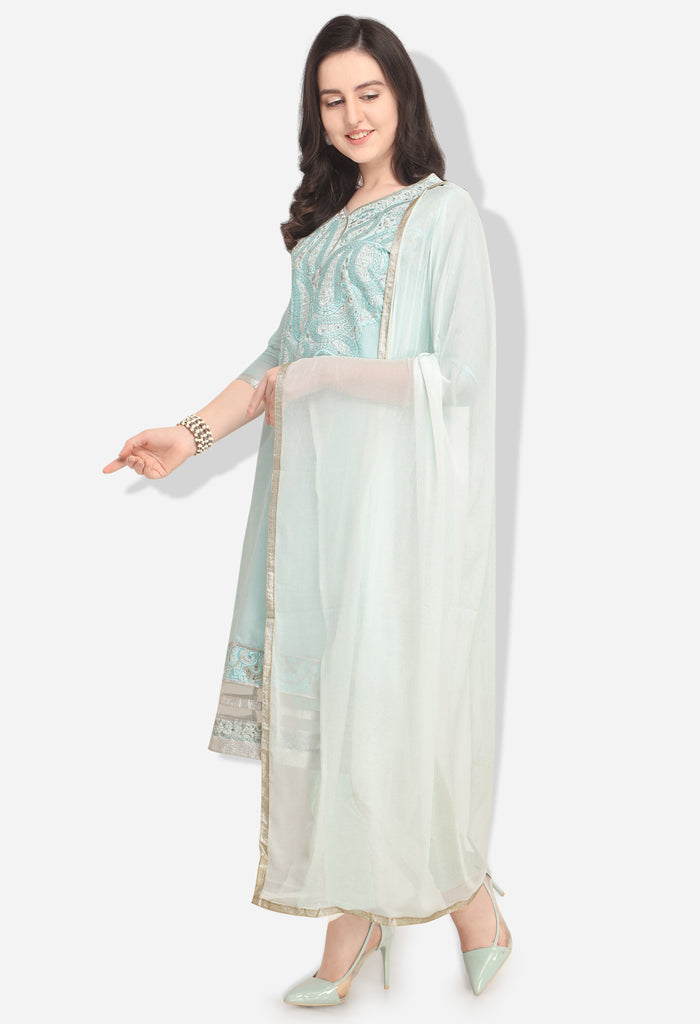 Sky Blue Cotton Embroidered Unstitched Salwar Suit Material