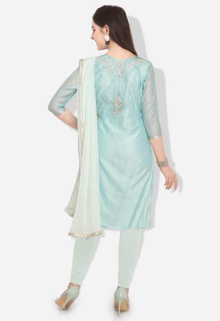Sky Blue Cotton Embroidered Unstitched Salwar Suit Material