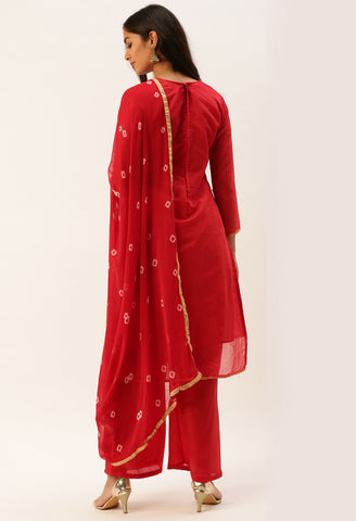 Red Banarasi silk Printed Unstitched Salwar Suit Material