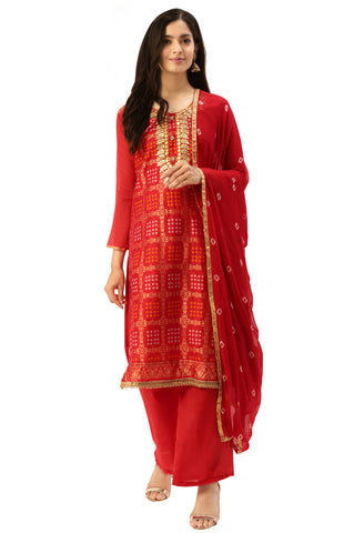 Red Banarasi silk Printed Unstitched Salwar Suit Material