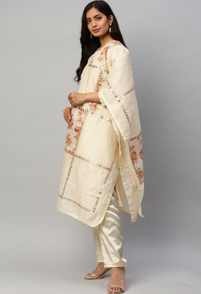 Off-White Chanderi embellished Unstitched Salwar Suit Material
