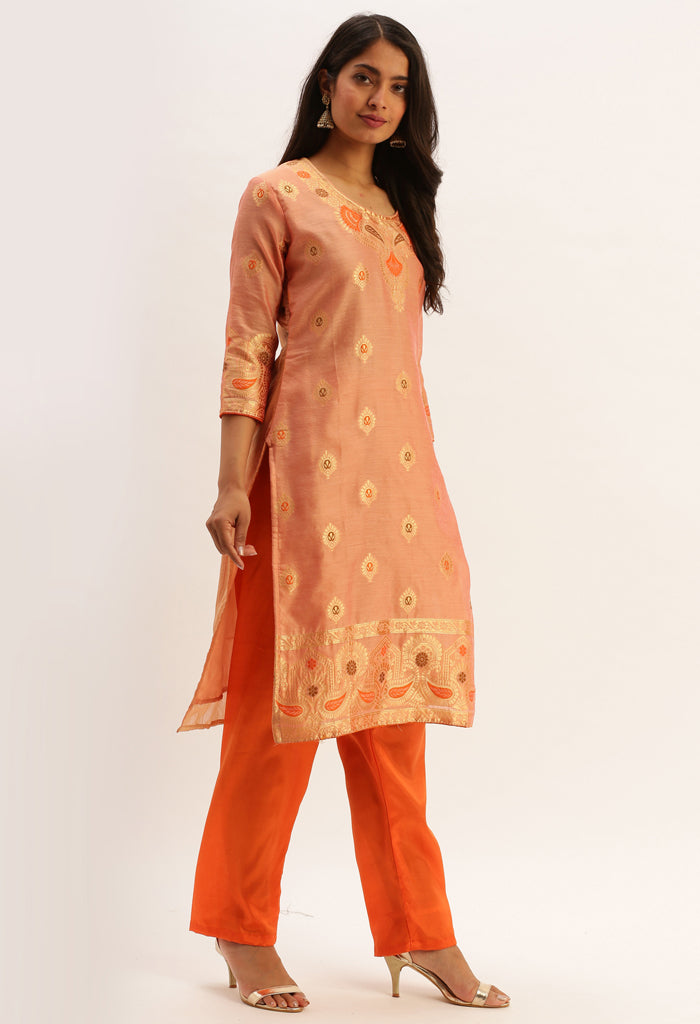 Peach Heavy Silk Banarasi Weaving Work Unstitched Salwar Suit Material