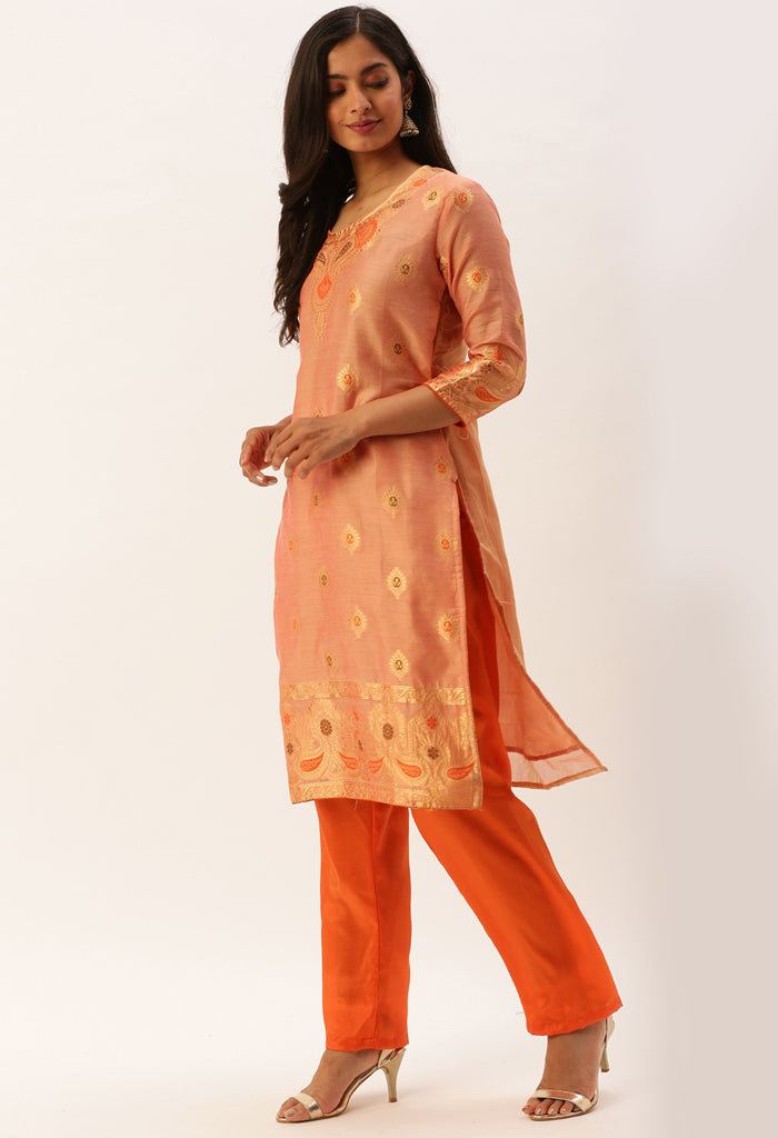Peach Heavy Silk Banarasi Weaving Work Unstitched Salwar Suit Material