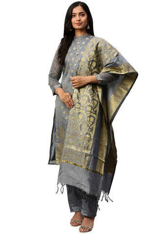 Grey Heavy Silk Banarasi Weaving Work Unstitched Salwar Suit Material