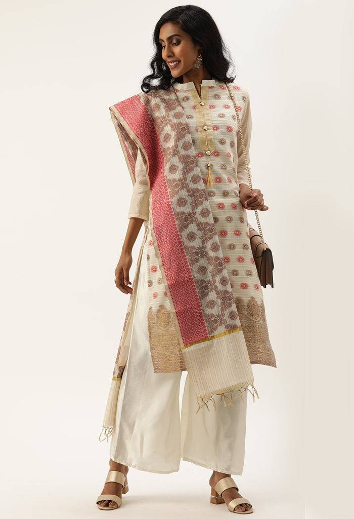 Beige Heavy Silk Banarasi Weaving Work Unstitched Salwar Suit Material - Rajnandini